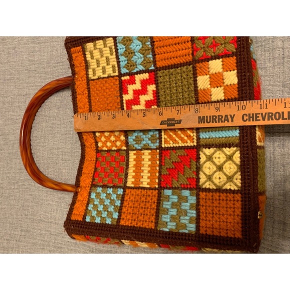 Handmade Patchwork knit Tote Bag purse Tortoise Shell Handles Vintage Unique - Picture 6 of 9